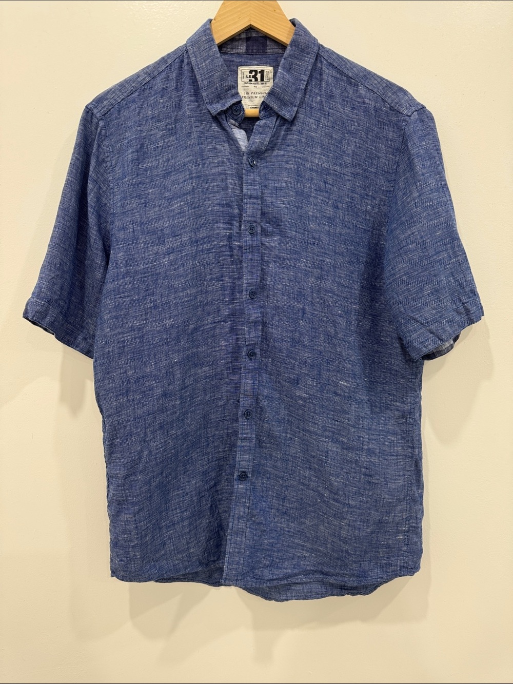 Le 31 Simons Premium Linen Short Sleeve Button-Up Shirt Blue Size S 100% Linen